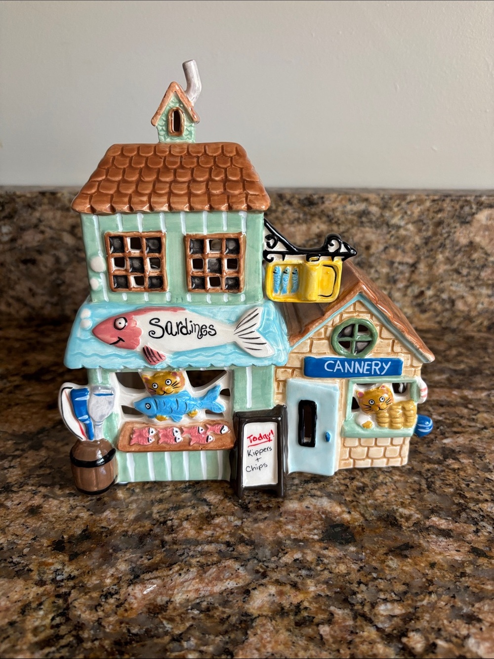 NEW Blue Sky Clayworks Sardines and Cannery Shop Ceramic Tea Light Holder